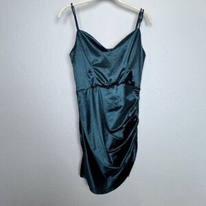 Lucy in the Sky Los Angeles Teal Satin Ruched Mini Dress Slip Size L Vamp Gothic